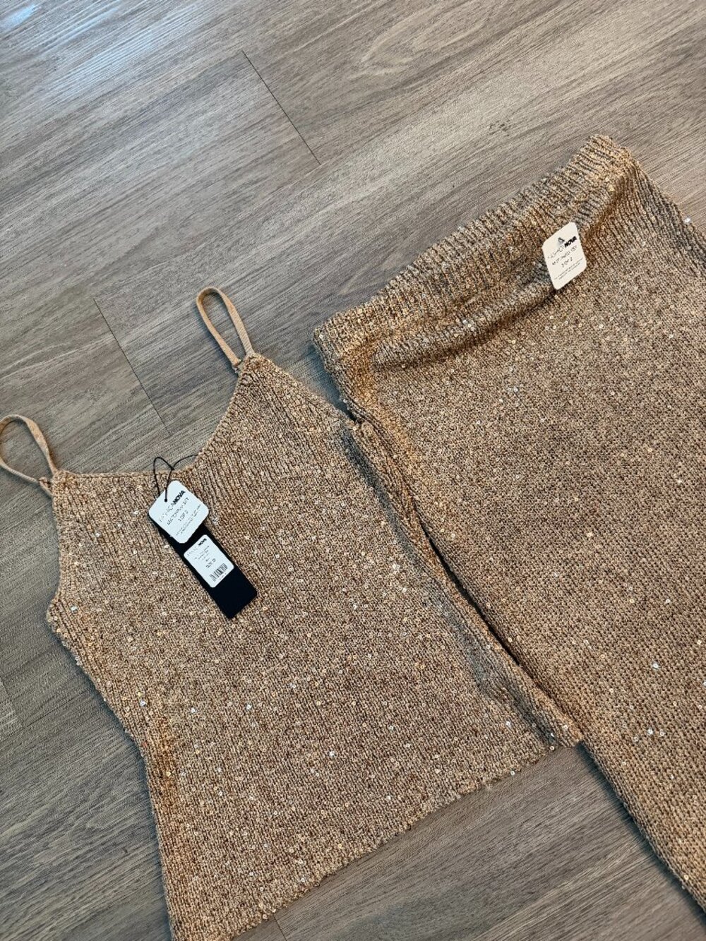 NWT Fashion Nova Gold Sequin Knit Cami & Maxi Skirt Set - Picture 2 of 2